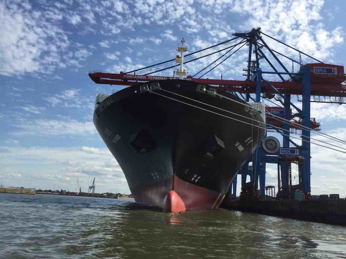 Hamburg Sehenswürdigkeiten: Schiff unter Containerbrücke am Containerterminal Tollerort